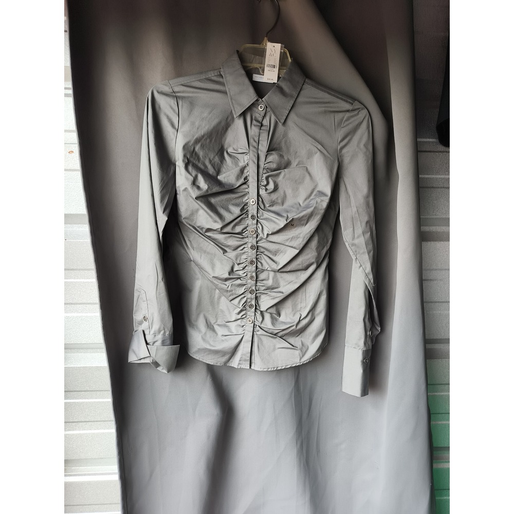 New York & Company Ruched Front Stretch Button Down Shirt Gray Medium NWT